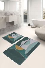 - PaspasTakimi-2li-Set1201-Gorsel - Realhomes  2'li Set Yeşil Zeminde Geometrik Motifli Kanvas Desenli Geometrik Modern  2'li Banyo & Mutfak Paspas Takımı Realhomes