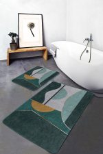 - PaspasTakimi-2li-Set1201-Gorsel-2 - Realhomes  2'li Set Yeşil Zeminde Geometrik Motifli Kanvas Desenli Geometrik Modern  2'li Banyo & Mutfak Paspas Takımı Realhomes