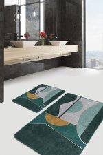 - PaspasTakimi-2li-Set1201-Gorsel-4 - Realhomes  2'li Set Yeşil Zeminde Geometrik Motifli Kanvas Desenli Geometrik Modern  2'li Banyo & Mutfak Paspas Takımı Realhomes