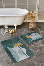 - Realhomes - Realhomes  2'li Set Yeşil Zeminde Geometrik Motifli Kanvas Desenli Geometrik Modern  2'li Banyo & Mutfak Paspas Takımı Realhomes