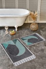 - Realhomes - Realhomes  2'li Set Gri Zeminde Geometrik Motifli Mordern Sanat Desenli Geometrik Modern  2'li Banyo & Mutfak Paspas Takımı Realhomes