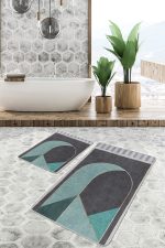 - PaspasTakimi-2li-Set1202-Gorsel-2 - Realhomes  2'li Set Gri Zeminde Geometrik Motifli Mordern Sanat Desenli Geometrik Modern  2'li Banyo & Mutfak Paspas Takımı Realhomes