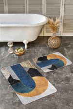 - Realhomes - Realhomes 2'li Set Lacivert Zeminde Geometrik Motifli Mordern Sanat Desenli Modern Geometrik 2'li Banyo & Mutfak Paspas Takımı Realhomes