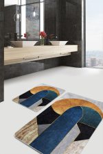 - PaspasTakimi-2li-Set1203-Gorsel - Realhomes 2'li Set Lacivert Zeminde Geometrik Motifli Mordern Sanat Desenli Modern Geometrik 2'li Banyo & Mutfak Paspas Takımı Realhomes