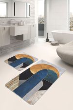 - PaspasTakimi-2li-Set1203-Gorsel-2 - Realhomes 2'li Set Lacivert Zeminde Geometrik Motifli Mordern Sanat Desenli Modern Geometrik 2'li Banyo & Mutfak Paspas Takımı Realhomes