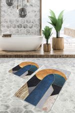 - PaspasTakimi-2li-Set1203-Gorsel-4 - Realhomes 2'li Set Lacivert Zeminde Geometrik Motifli Mordern Sanat Desenli Modern Geometrik 2'li Banyo & Mutfak Paspas Takımı Realhomes