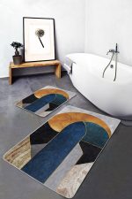 - PaspasTakimi-2li-Set1203-Gorsel-5 - Realhomes 2'li Set Lacivert Zeminde Geometrik Motifli Mordern Sanat Desenli Modern Geometrik 2'li Banyo & Mutfak Paspas Takımı Realhomes