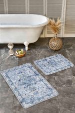 - Realhomes - Realhomes  2'li Set Mavi - Beyaz Zeminde Rustik Motifli Dokuma Desenli Avangarde Eskitme Motifli  2'li Banyo & Mutfak Paspas Takımı Realhomes