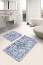 - PaspasTakimi-2li-Set1204-Gorsel-2 - Realhomes  2'li Set Mavi - Beyaz Zeminde Rustik Motifli Dokuma Desenli Avangarde Eskitme Motifli  2'li Banyo & Mutfak Paspas Takımı Realhomes