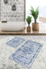 - PaspasTakimi-2li-Set1204-Gorsel-4 - Realhomes  2'li Set Mavi - Beyaz Zeminde Rustik Motifli Dokuma Desenli Avangarde Eskitme Motifli  2'li Banyo & Mutfak Paspas Takımı Realhomes