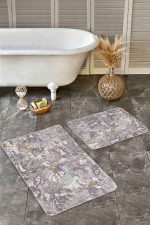 - Realhomes - Realhomes  2'li Set Krem - Gri Zeminde Örgü Motifli Otantik Desenli Eskitme Motifli Vintage  2'li Banyo & Mutfak Paspas Takımı Realhomes