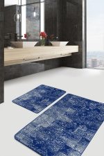 - PaspasTakimi-2li-Set1206-Gorsel-1 - Realhomes 2'li Set Lacivert Zeminde Örgü Motifli Etnik Desenli Eskitme Motifli Vintage 2'li Banyo & Mutfak Paspas Takımı Realhomes