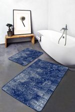 - PaspasTakimi-2li-Set1206-Gorsel - Realhomes 2'li Set Lacivert Zeminde Örgü Motifli Etnik Desenli Eskitme Motifli Vintage 2'li Banyo & Mutfak Paspas Takımı Realhomes