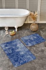 - Realhomes - Realhomes 2'li Set Lacivert Zeminde Örgü Motifli Etnik Desenli Eskitme Motifli Vintage 2'li Banyo & Mutfak Paspas Takımı Realhomes