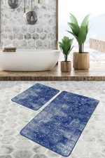 - PaspasTakimi-2li-Set1206-Gorsel-5 - Realhomes 2'li Set Lacivert Zeminde Örgü Motifli Etnik Desenli Eskitme Motifli Vintage 2'li Banyo & Mutfak Paspas Takımı Realhomes