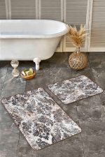 - Realhomes - Realhomes  2'li Set Krem - Kahverengi Zeminde Etnik Motifli Otantik Desenli Vintage Eskitme Motifli  2'li Banyo & Mutfak Paspas Takımı Realhomes