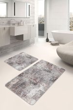 2'li Set Kahverengi Zeminde Eskitme Motifli Kilim Desenli Eskitme Motifli Vintage  2'li Banyo & Mutfak Paspas Takımı Realhomes