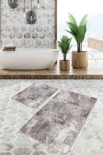 2'li Set Kahverengi Zeminde Eskitme Motifli Kilim Desenli Eskitme Motifli Vintage  2'li Banyo & Mutfak Paspas Takımı Realhomes