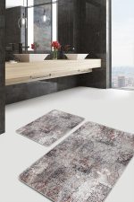 2'li Set Kahverengi Zeminde Eskitme Motifli Kilim Desenli Eskitme Motifli Vintage  2'li Banyo & Mutfak Paspas Takımı Realhomes