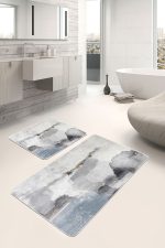 2'li Set Mavi - Gri Zeminde Kanvas Motifli Duvar Desenli Sade & Şık Eskitme Motifli  2'li Banyo & Mutfak Paspas Takımı Realhomes