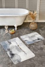 2'li Set Mavi - Gri Zeminde Kanvas Motifli Duvar Desenli Sade & Şık Eskitme Motifli  2'li Banyo & Mutfak Paspas Takımı Realhomes