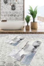 2'li Set Mavi - Gri Zeminde Kanvas Motifli Duvar Desenli Sade & Şık Eskitme Motifli  2'li Banyo & Mutfak Paspas Takımı Realhomes