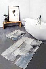 2'li Set Mavi - Gri Zeminde Kanvas Motifli Duvar Desenli Sade & Şık Eskitme Motifli  2'li Banyo & Mutfak Paspas Takımı Realhomes