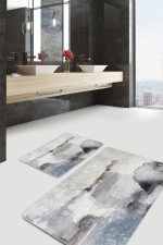 2'li Set Mavi - Gri Zeminde Kanvas Motifli Duvar Desenli Sade & Şık Eskitme Motifli  2'li Banyo & Mutfak Paspas Takımı Realhomes