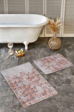 - Realhomes - Realhomes  2'li Set Kahverengi - Kırmızı Zeminde Antik Motifli Eskitme Desenli Eskitme Motifli Vintage  2'li Banyo & Mutfak Paspas Takımı Realhomes