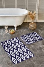 - Realhomes - Realhomes  2'li Set Lacivert - Beyaz Zeminde Örgü Motifli Kilim Desenli Klasik Geometrik  2'li Banyo & Mutfak Paspas Takımı Realhomes