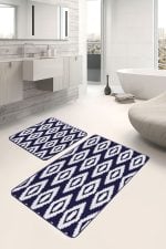 - PaspasTakimi-2li-Set1214-Gorsel-2 - Realhomes  2'li Set Lacivert - Beyaz Zeminde Örgü Motifli Kilim Desenli Klasik Geometrik  2'li Banyo & Mutfak Paspas Takımı Realhomes