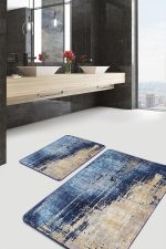 - PaspasTakimi-2li-Set1215-Gorsel-5 - Realhomes  2'li Set Gold - Mavi Zeminde Eskitme Motifli Dokuma Desenli Eskitme Motifli Vintage  2'li Banyo & Mutfak Paspas Takımı Realhomes