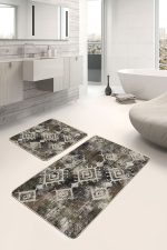- PaspasTakimi-2li-Set1216-Gorsel-1 - Realhomes 2'li Set Kahverengi - Beyaz Zeminde Otantik Motifli Kilim Desenli Eskitme Motifli Vintage 2'li Banyo & Mutfak Paspas Takımı Realhomes