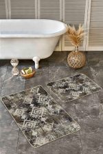 - Realhomes - Realhomes 2'li Set Kahverengi - Beyaz Zeminde Otantik Motifli Kilim Desenli Eskitme Motifli Vintage 2'li Banyo & Mutfak Paspas Takımı Realhomes