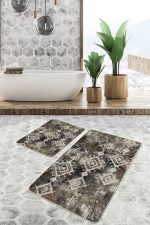 - PaspasTakimi-2li-Set1216-Gorsel-2 - Realhomes 2'li Set Kahverengi - Beyaz Zeminde Otantik Motifli Kilim Desenli Eskitme Motifli Vintage 2'li Banyo & Mutfak Paspas Takımı Realhomes