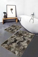 - PaspasTakimi-2li-Set1216-Gorsel-4 - Realhomes 2'li Set Kahverengi - Beyaz Zeminde Otantik Motifli Kilim Desenli Eskitme Motifli Vintage 2'li Banyo & Mutfak Paspas Takımı Realhomes