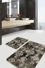 - PaspasTakimi-2li-Set1216-Gorsel-5 - Realhomes 2'li Set Kahverengi - Beyaz Zeminde Otantik Motifli Kilim Desenli Eskitme Motifli Vintage 2'li Banyo & Mutfak Paspas Takımı Realhomes