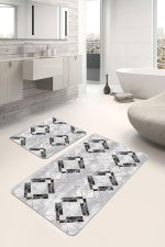 - PaspasTakimi-2li-Set1217-Gorsel-1 - Realhomes 2'li Set Siyah - Gri Zeminde Mermer Motifli Eskitme Desenli Geometrik Eskitme Motifli 2'li Banyo & Mutfak Paspas Takımı Realhomes