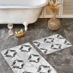 2'li Set Gri Zeminde Çerçeveli Motifli Eskitme Desenli Eskitme Motifli Klasik  2'li Banyo & Mutfak Paspas Takımı Realhomes