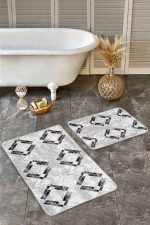- Realhomes - Realhomes 2'li Set Siyah - Gri Zeminde Mermer Motifli Eskitme Desenli Geometrik Eskitme Motifli 2'li Banyo & Mutfak Paspas Takımı Realhomes