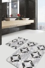 - PaspasTakimi-2li-Set1217-Gorsel-5 - Realhomes 2'li Set Siyah - Gri Zeminde Mermer Motifli Eskitme Desenli Geometrik Eskitme Motifli 2'li Banyo & Mutfak Paspas Takımı Realhomes