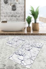 - PaspasTakimi-2li-Set1218-Gorsel-2 - Realhomes  2'li Set Lacivert - Gri Zeminde Duvar Motifli Mermer Desenli Klasik Sade & Şık  2'li Banyo & Mutfak Paspas Takımı Realhomes