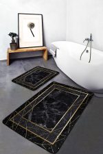 - PaspasTakimi-2li-Set1219-Gorsel-1 - Realhomes  2'li Set Siyah - Gold Zeminde Çerçeveli Motifli Altın Desenli Geometrik Klasik  2'li Banyo & Mutfak Paspas Takımı Realhomes