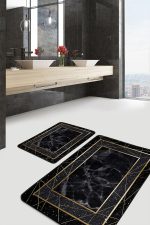 - PaspasTakimi-2li-Set1219-Gorsel-2 - Realhomes  2'li Set Siyah - Gold Zeminde Çerçeveli Motifli Altın Desenli Geometrik Klasik  2'li Banyo & Mutfak Paspas Takımı Realhomes