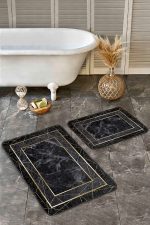 - Realhomes - Realhomes  2'li Set Siyah - Gold Zeminde Çerçeveli Motifli Altın Desenli Geometrik Klasik  2'li Banyo & Mutfak Paspas Takımı Realhomes