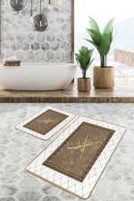 - PaspasTakimi-2li-Set1220-Gorsel-1 - Realhomes 2'li Set Beyaz- Gold Zeminde Çerçeveli Motifli Otantik Desenli Geometrik Klasik 2'li Banyo & Mutfak Paspas Takımı Realhomes