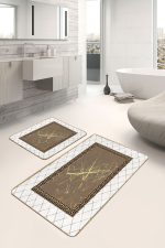 - PaspasTakimi-2li-Set1220-Gorsel - Realhomes 2'li Set Beyaz- Gold Zeminde Çerçeveli Motifli Otantik Desenli Geometrik Klasik 2'li Banyo & Mutfak Paspas Takımı Realhomes
