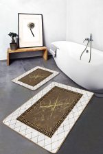 - PaspasTakimi-2li-Set1220-Gorsel-2 - Realhomes 2'li Set Beyaz- Gold Zeminde Çerçeveli Motifli Otantik Desenli Geometrik Klasik 2'li Banyo & Mutfak Paspas Takımı Realhomes