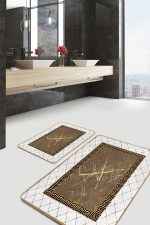 - PaspasTakimi-2li-Set1220-Gorsel-4 - Realhomes 2'li Set Beyaz- Gold Zeminde Çerçeveli Motifli Otantik Desenli Geometrik Klasik 2'li Banyo & Mutfak Paspas Takımı Realhomes