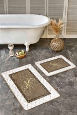 - Realhomes - Realhomes 2'li Set Beyaz- Gold Zeminde Çerçeveli Motifli Otantik Desenli Geometrik Klasik 2'li Banyo & Mutfak Paspas Takımı Realhomes